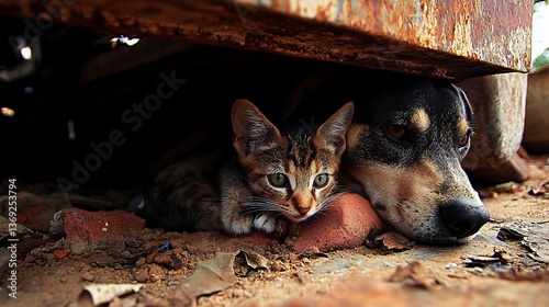 A dog and cat nestled together under a rusty metal structure