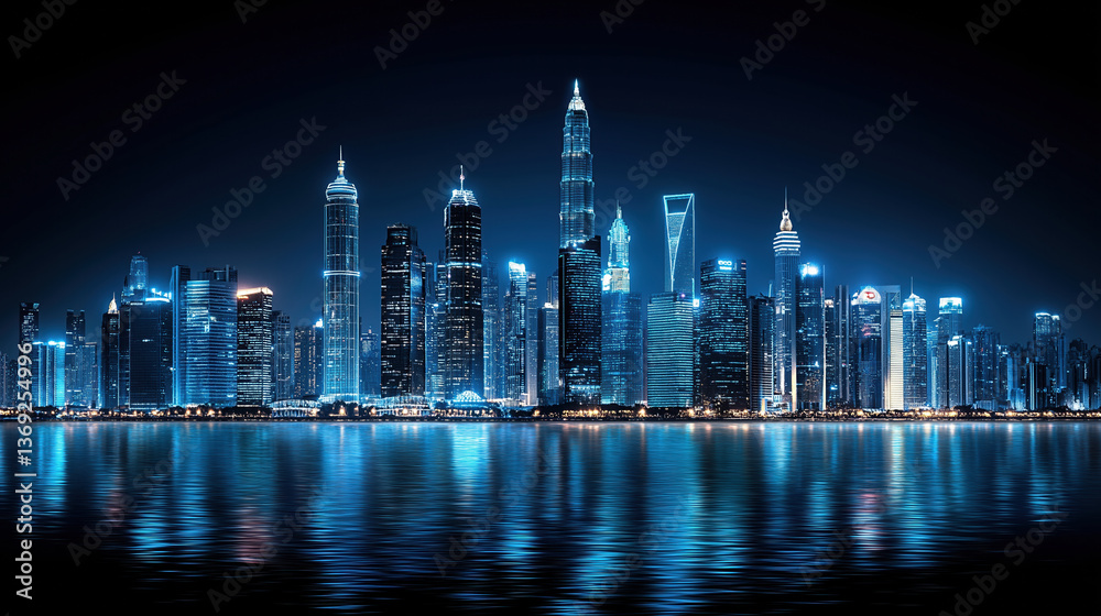 Fototapeta premium Stunning cityscape at night showcases skyline of glowing skyscrapers reflecting on calm water, creating serene and futuristic atmosphere