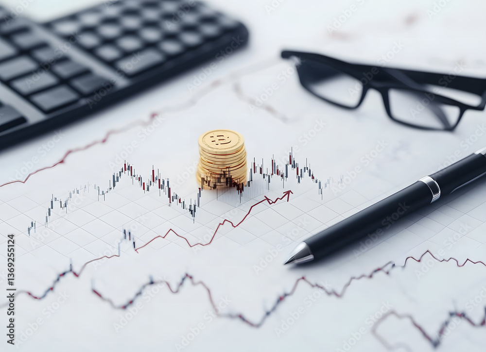 Fototapeta premium Economic Risk of Banking Instability Recession. Financial analysis with coins, graphs, and office tools.