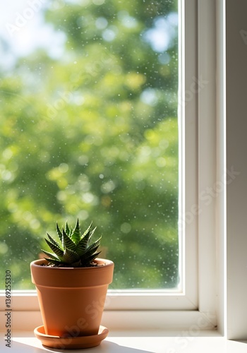 A small succulent plant in a terracotta pot sits on a windowsill, Elegantly placed succulent plant by the window in a sunny setting enhancing indoor ambiance. 
