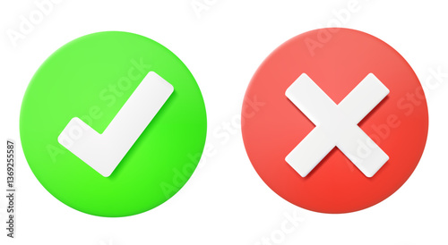 3D illustration vector render of check mark and cross icon on circle sign. Concept of decision or choice with clarity. Approval, correctness, rejection, incorrect. Isolated on white background.