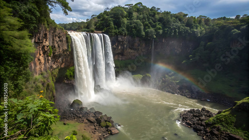 Majestic Waterfall Cascading into a Lush Green Valley with a Vibrant Rainbow