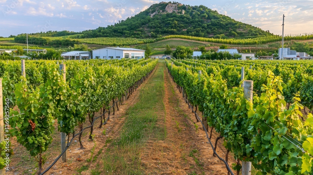 Obraz premium Scenic aerial view of a vineyard with majestic mountains in the background and lush green grapevines below