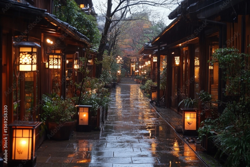 Naklejka premium Traditional Japanese alley with lanterns and wooden buildings on rainy evening
