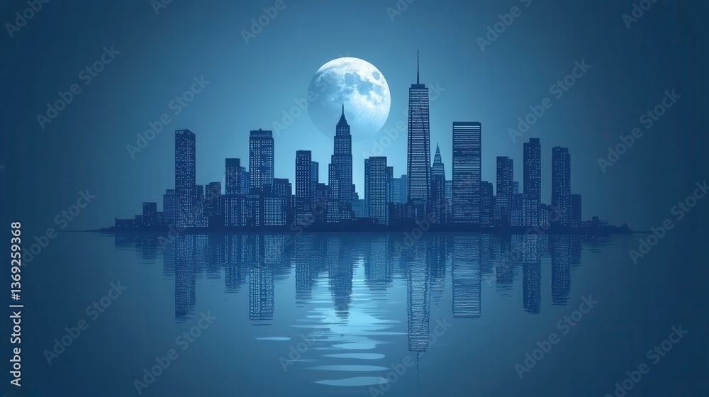 Fototapeta premium A serene city skyline at night, reflected in calm water under a bright moon, creating a tranquil and atmospheric scene.