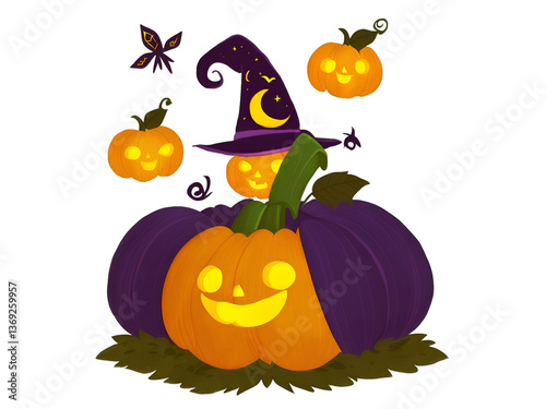 Enchanting Halloween Illustration, Cute Pumpkins with Witch Hat and Smiling Faces, a Whimsical Autumn Scene Ready for Spooky Season Celebrations photo