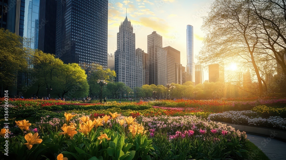 Fototapeta premium A vibrant city park filled with colorful flowers against a backdrop of skyscrapers at sunset.