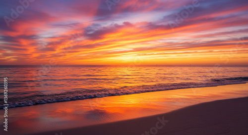 Glowing Sunset Over Calm Beach with Orange Sun Touching Horizon