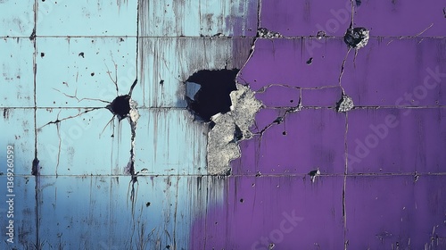 Damaged tile wall features holes cracks and vivid coloration