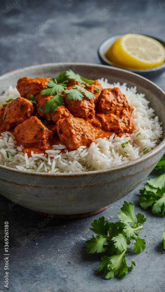 Chicken tikka masala on basmati rice with cilantro garnish Chicken tikka masala on basmati rice with cilantro garnish
