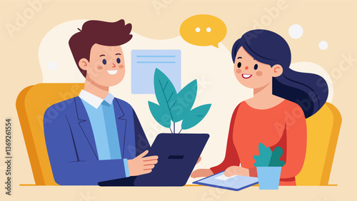 A young adult practicing job interview skills with the help of their life skills coach.. Vector illustration