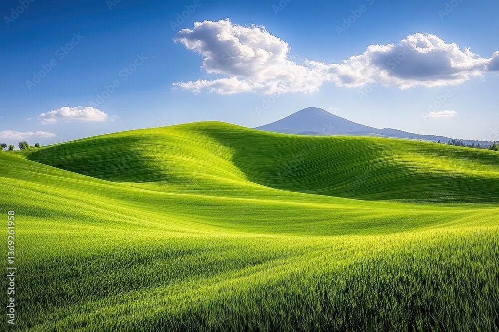 Fototapeta premium A serene landscape featuring rolling green hills under a bright blue sky with fluffy clouds and a distant mountain peak.