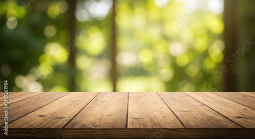 A close-up of a rustic wooden table, wallaper, planks running, background, Wooden table in a sunny garden with lush greenery and soft lighting during afternoon hours. 