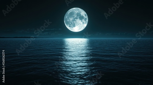 A serene night scene featuring a full moon reflecting on calm ocean waters under a starry sky.