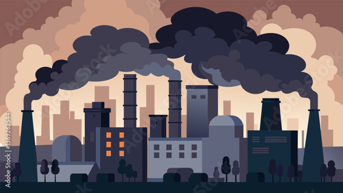 A thick layer of soot coating the surrounding buildings evidence of the constant emissions from the power plant.. Vector illustration