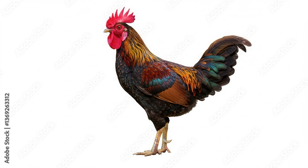 Fototapeta premium Vibrant Rooster: Proud Plumage, Bright Red Comb, Isolated on White