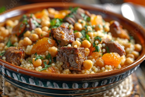 Algerian Couscous with Lamb shoulder cubes, chickpea cream, dried apricot gel and