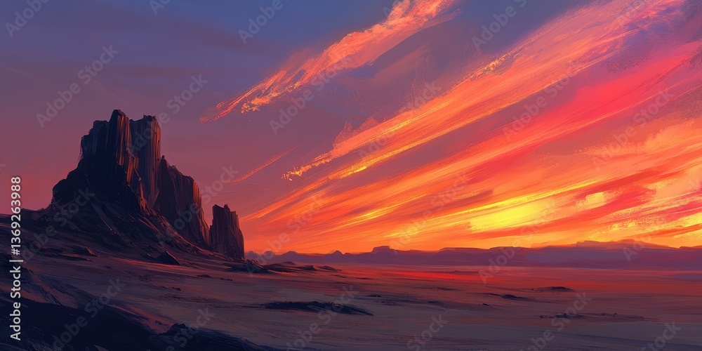 Fototapeta premium A stunning sunset over a desert landscape with dramatic clouds and rocky formations.