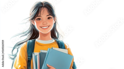 A cheerful young girl with long hair holds books, wearing a yellow shirt and a backpack, embodying a student ready for learning.