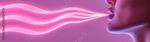 Wallpaper Mural A close-up of a person's lips exhaling colorful, swirling vapor against a vibrant pink backdrop, creating an artistic and dynamic visual effect. Torontodigital.ca