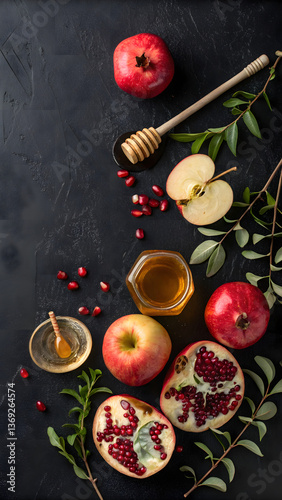 Rosh Hashanah Still Life – Apples, Pomegranates, and Honey on Dark Background

