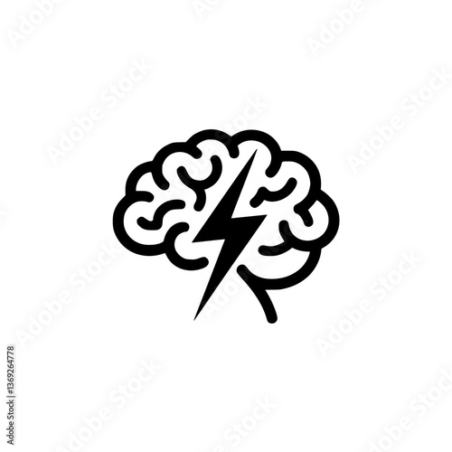 Brainstorm Concept: Black Brain with Lightning Bolt Icon on White