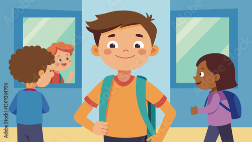 A young boy with his backpack slung over one shoulder eagerly chats with his classmates as they make their way to their new classroom on the first day. Vector illustration