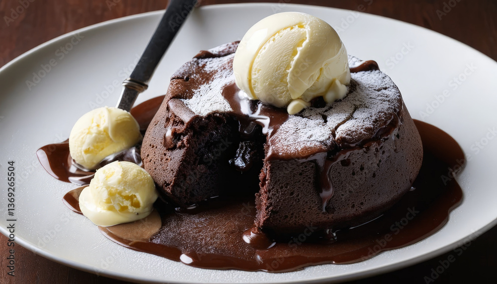Decadent chocolate lava cake served with scoop of vanilla ice cream, drizzled with rich chocolate sauce, creating delightful dessert experience Decadent chocolate lava cake served with scoop of vanilla ice cream, drizzled with rich chocolate sauce, creating delightful dessert experience