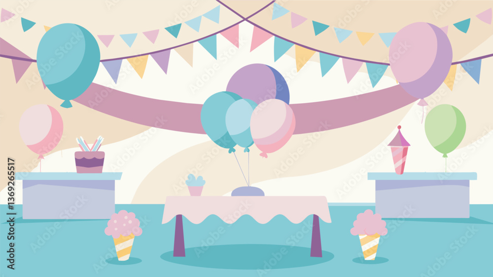 Balloons and streamers in pastel colors decorate the venue adding a festive touch to the ice cream social.. Vector illustration