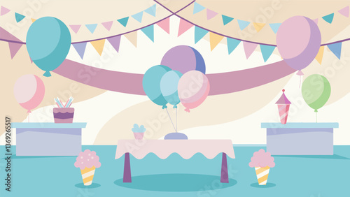Obraz na płótnie Balloons and streamers in pastel colors decorate the venue adding a festive touch to the ice cream social.. Vector illustration w salonie