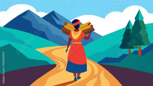 A woman in a colorful traditional dress carries a load of firewood down a winding path in the mountains her strong and weathered hands a testament to. Vector illustration