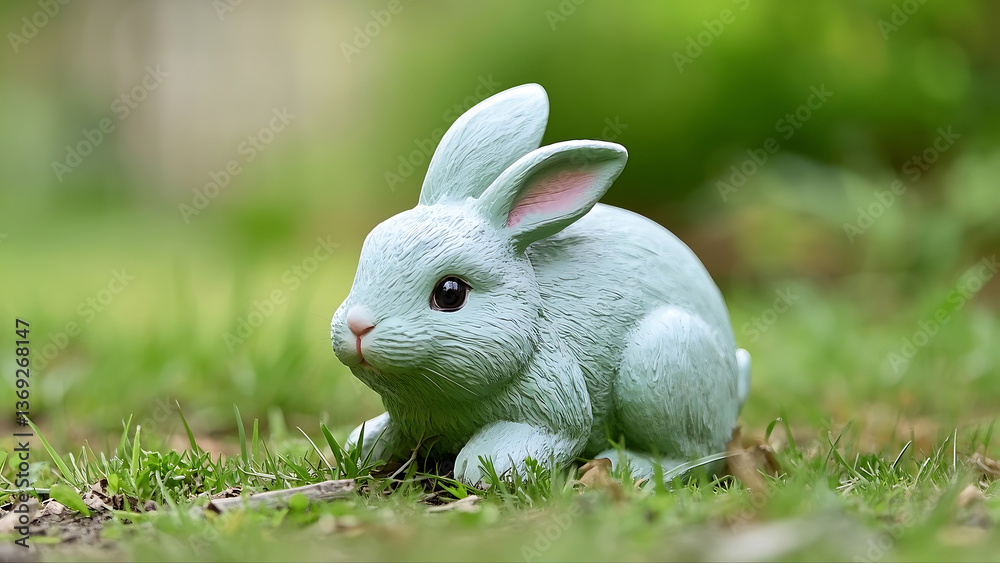 Fototapeta premium Light green rabbit sculpture with pink inner ears, placed on grass.