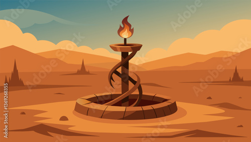 A twisted and worn oil well cap lies abandoned in the midst of a barren desert a symbol of greed and exploitation.. Vector illustration
