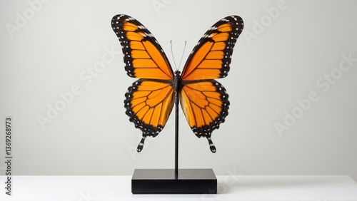 Displayed Beauty: A close-up view of an orange butterfly specimen, elegantly mounted on a display stand with a clean, minimalist aesthetic.