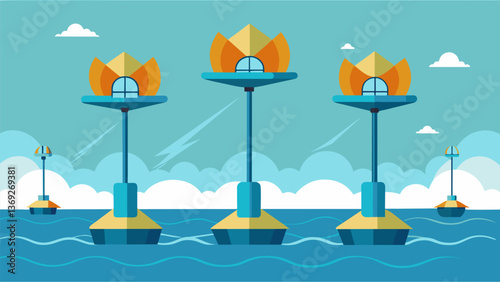 A series of small paddlelike structures attached to a floating platform move back and forth with the waves activating turbines in the water to. Vector illustration