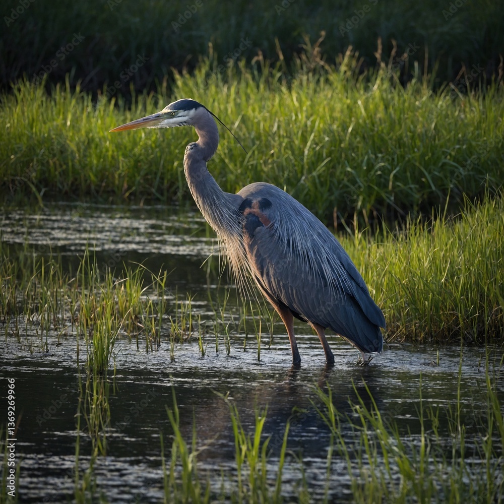 Naklejka premium A great blue heron wading in the marsh, tall grass swaying around it.