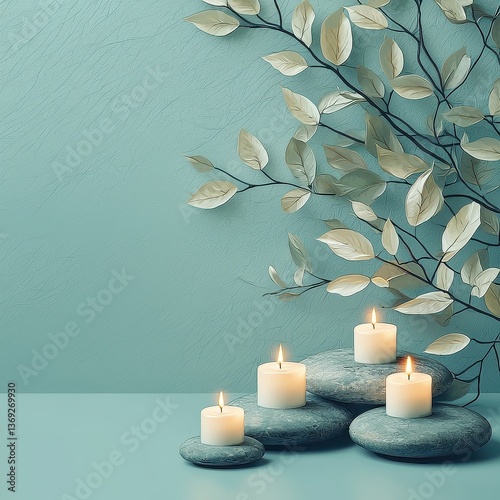 Minimalist Home Decor: Two Candles and Leafy Branch on Blue Background
