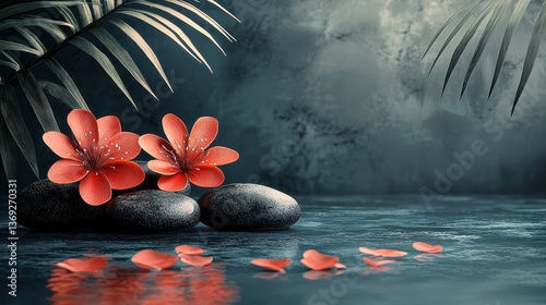 Tropical Red Flowers on Rocks with Palm Tree