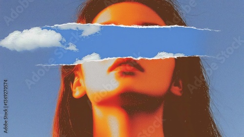 Woman stares upward with cloud blocking her eyes and sky