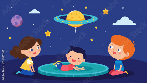 Kids lying on a trampoline gazing at the stars above and discussing the possibility of extraterrestrial life.. Vector illustration