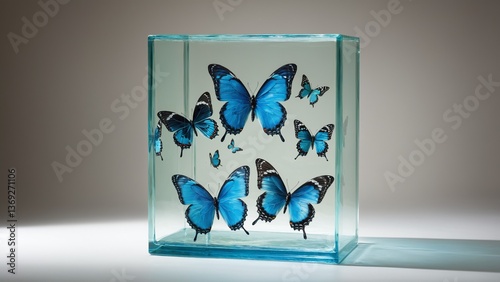 A Captivating Collection: Blue Morpho Butterflies Encased in a Crystal Clear Prism of Light and Wonder, a Delicate Dance of Nature.