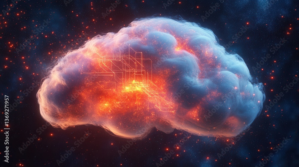 Naklejka premium A vibrant depiction of a cloud resembling a brain, glowing with fiery patterns and cosmic elements against a dark background.