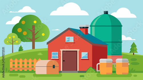 A traditional farmhouse with a large biogas digester tank in the backyard harnessing renewable energy for cooking heating and lighting.. Vector illustration