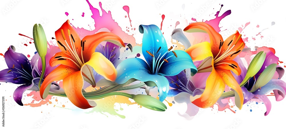Fototapeta premium White background with drawings of colorful lily for children, ai generative