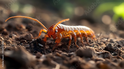Close up of a vibrant orange centipede crawling on rich dark soil in sunlight photo