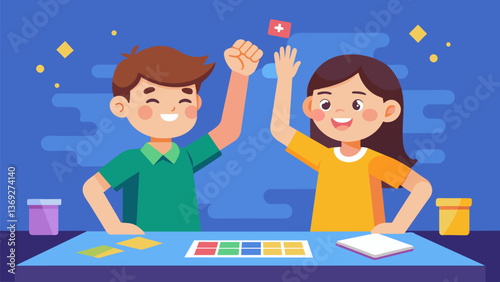 A teenage sibling duo highfiving and cheering as they come out victorious in a game of Clue solving the mystery before their parents could.. Vector illustration