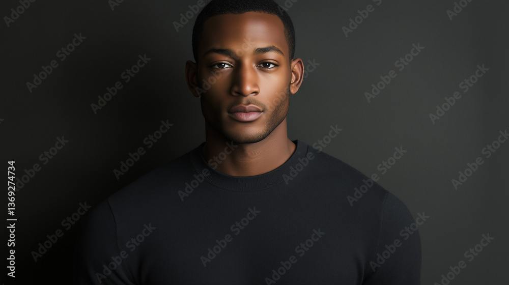 Fototapeta premium Black male model in stylish sweatshirt, neutral expression, soft lighting, plain grey background. Modern minimalism meets urban fashion.
