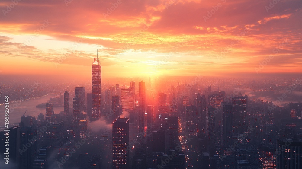 Fototapeta premium Fiery sunset over a hazy cityscape.