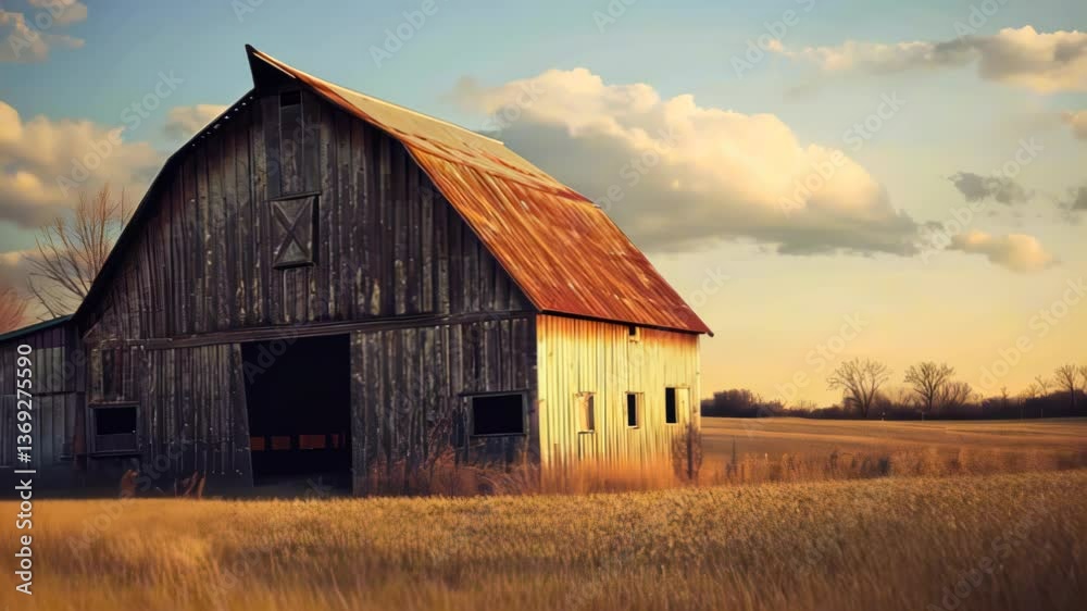 Rustic barn at sunset in golden field Rustic barn at sunset in golden field