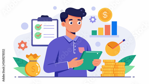 A young adult learning how to manage their finances and create a budget with the guidance of their life skills coach.. Vector illustration